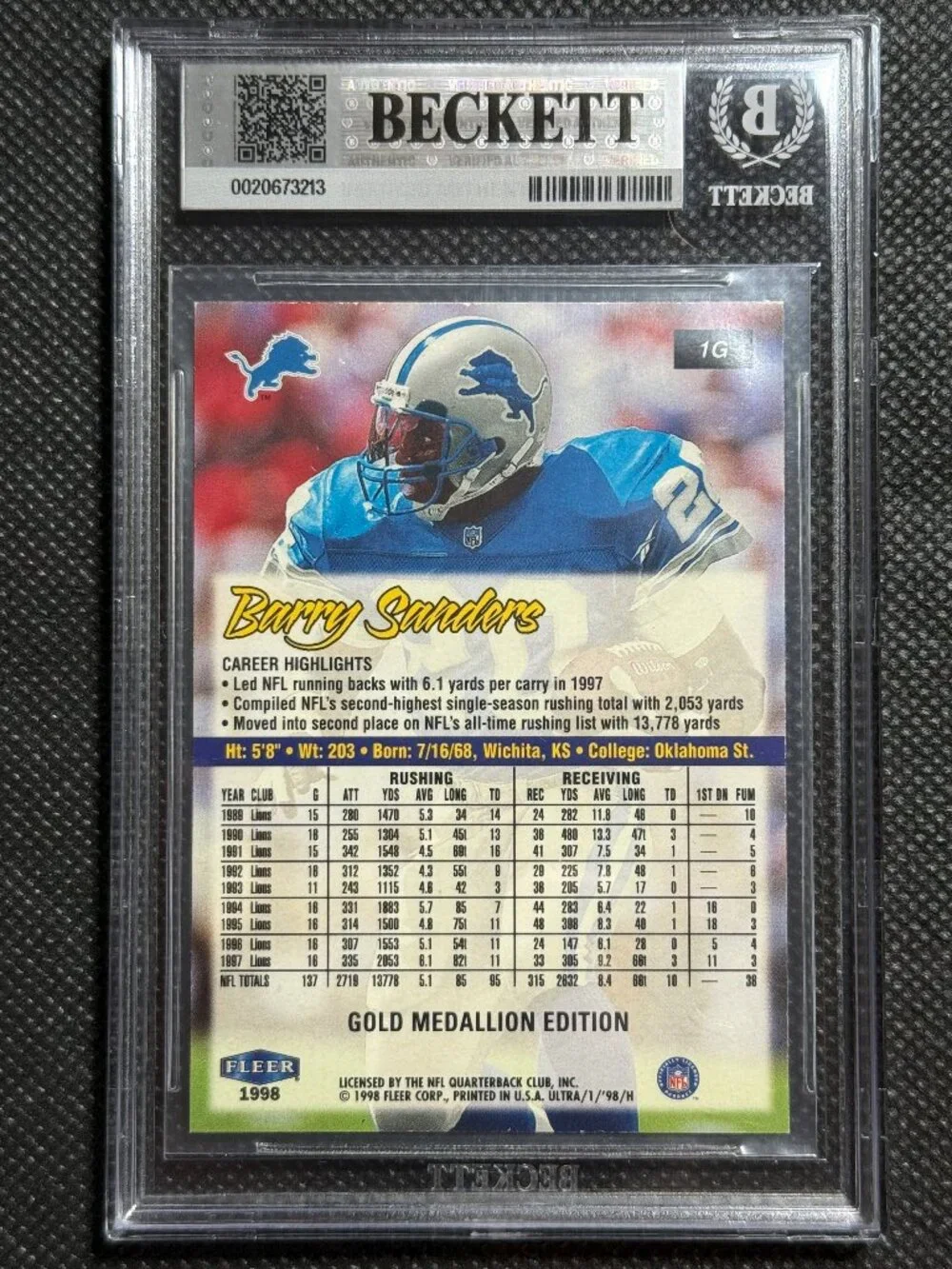 1998 Fleer Ultra Barry Sanders Gold Medallion #1G Lions BGS 8.5 NM-MINT+